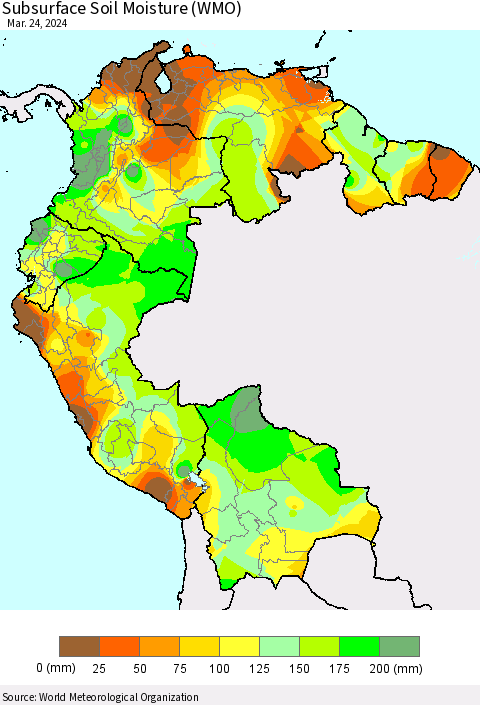 Northern South America Subsurface Soil Moisture (WMO) Thematic Map For 3/18/2024 - 3/24/2024