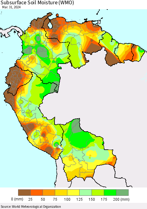 Northern South America Subsurface Soil Moisture (WMO) Thematic Map For 3/25/2024 - 3/31/2024
