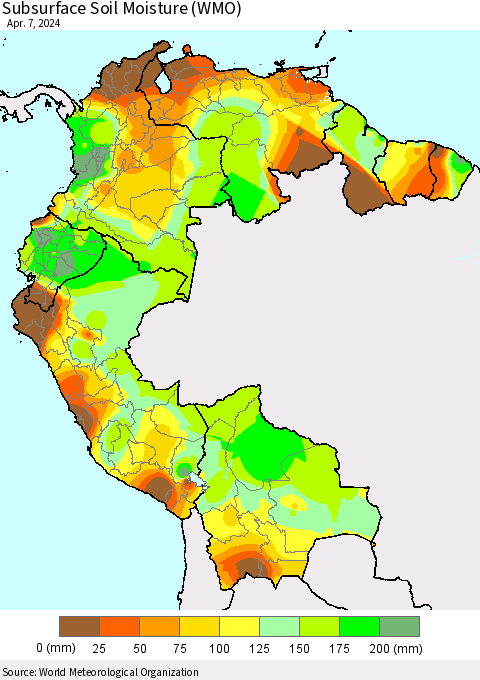 Northern South America Subsurface Soil Moisture (WMO) Thematic Map For 4/1/2024 - 4/7/2024