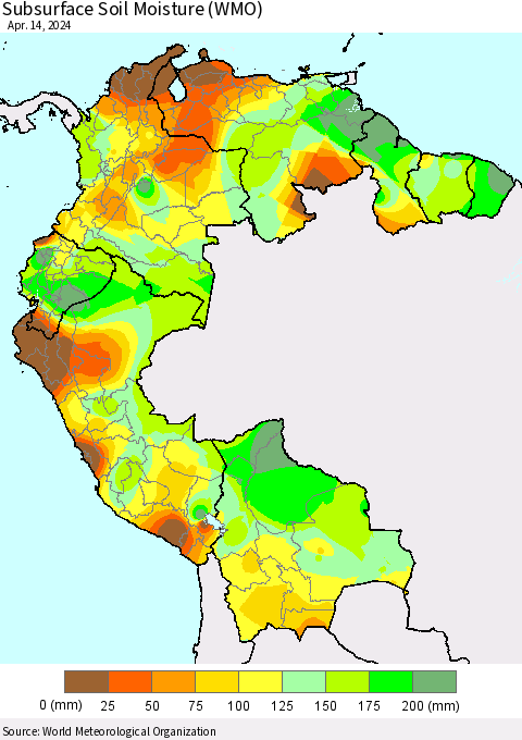 Northern South America Subsurface Soil Moisture (WMO) Thematic Map For 4/8/2024 - 4/14/2024