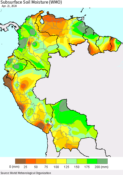Northern South America Subsurface Soil Moisture (WMO) Thematic Map For 4/15/2024 - 4/21/2024