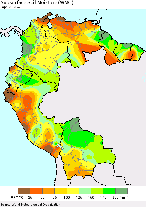 Northern South America Subsurface Soil Moisture (WMO) Thematic Map For 4/22/2024 - 4/28/2024