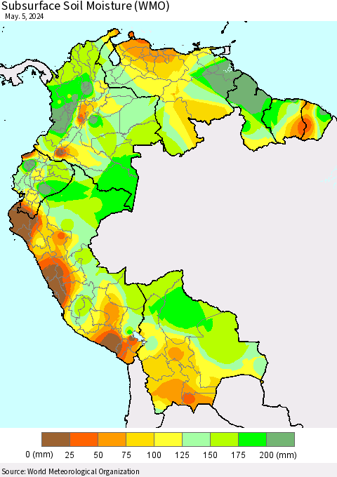 Northern South America Subsurface Soil Moisture (WMO) Thematic Map For 4/29/2024 - 5/5/2024