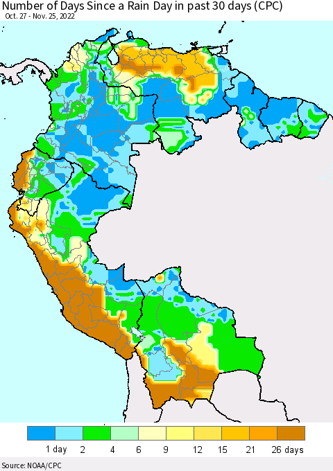 Northern South America Number of Days Since a Rain Day in past 30 days (CPC) Thematic Map For 11/21/2022 - 11/25/2022
