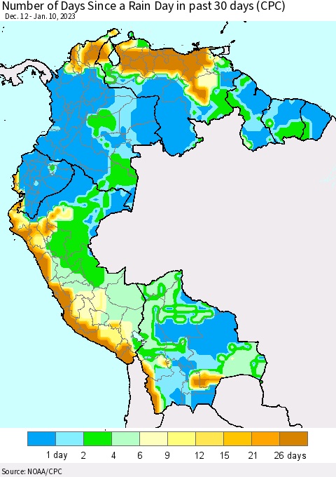 Northern South America Number of Days Since a Rain Day in past 30 days (CPC) Thematic Map For 1/6/2023 - 1/10/2023