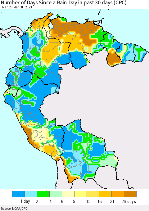 Northern South America Number of Days Since a Rain Day in past 30 days (CPC) Thematic Map For 3/26/2023 - 3/31/2023