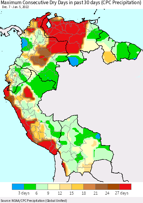 Northern South America Maximum Consecutive Dry Days in past 30 days (CPC Precipitation) Thematic Map For 1/1/2022 - 1/5/2022