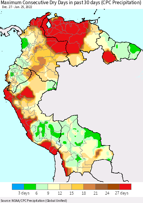 Northern South America Maximum Consecutive Dry Days in past 30 days (CPC Precipitation) Thematic Map For 1/21/2022 - 1/25/2022