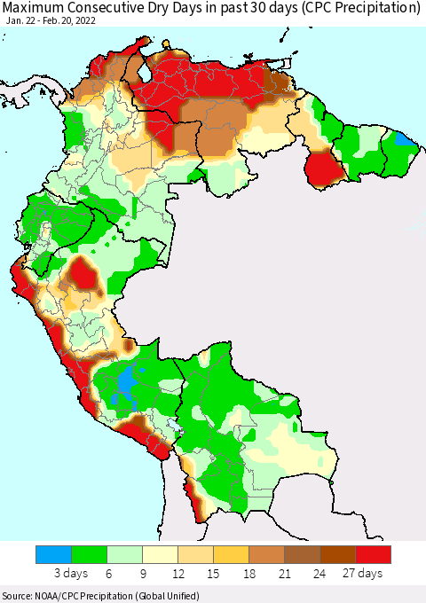 Northern South America Maximum Consecutive Dry Days in past 30 days (CPC Precipitation) Thematic Map For 2/16/2022 - 2/20/2022