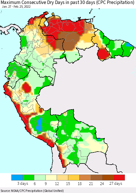 Northern South America Maximum Consecutive Dry Days in past 30 days (CPC Precipitation) Thematic Map For 2/21/2022 - 2/25/2022
