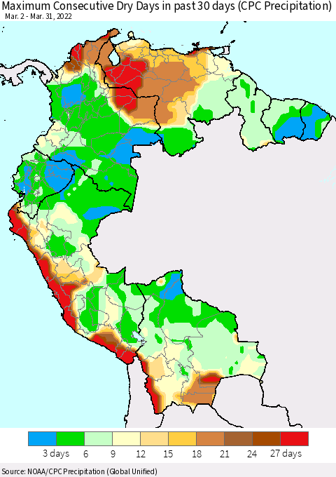 Northern South America Maximum Consecutive Dry Days in past 30 days (CPC Precipitation) Thematic Map For 3/26/2022 - 3/31/2022