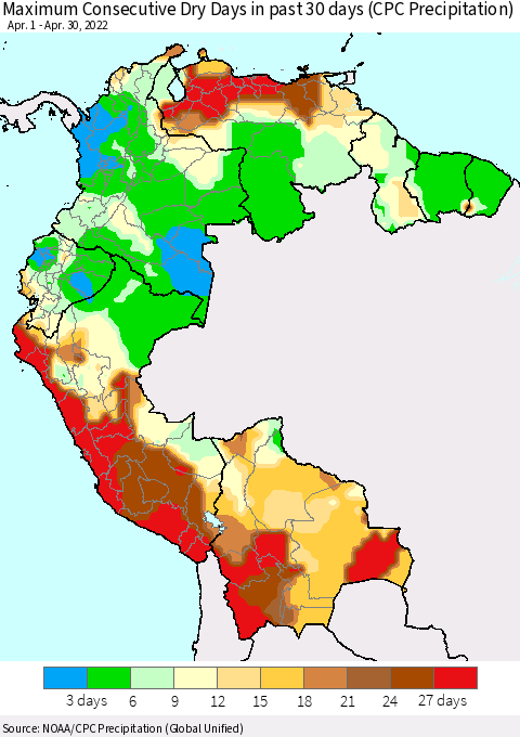Northern South America Maximum Consecutive Dry Days in past 30 days (CPC Precipitation) Thematic Map For 4/26/2022 - 4/30/2022