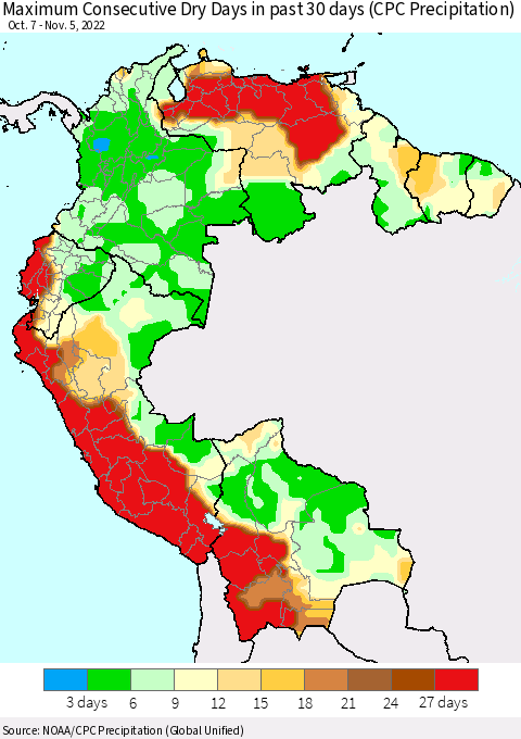 Northern South America Maximum Consecutive Dry Days in past 30 days (CPC Precipitation) Thematic Map For 11/1/2022 - 11/5/2022