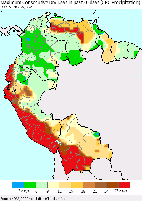 Northern South America Maximum Consecutive Dry Days in past 30 days (CPC Precipitation) Thematic Map For 11/21/2022 - 11/25/2022