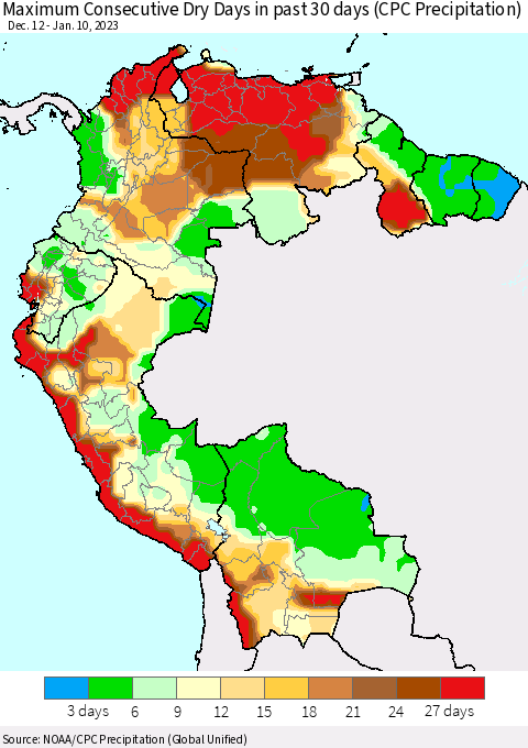 Northern South America Maximum Consecutive Dry Days in past 30 days (CPC Precipitation) Thematic Map For 1/6/2023 - 1/10/2023