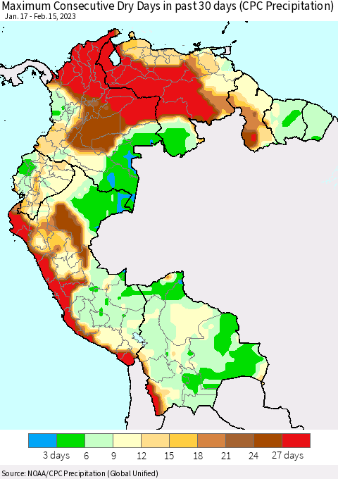 Northern South America Maximum Consecutive Dry Days in past 30 days (CPC Precipitation) Thematic Map For 2/11/2023 - 2/15/2023