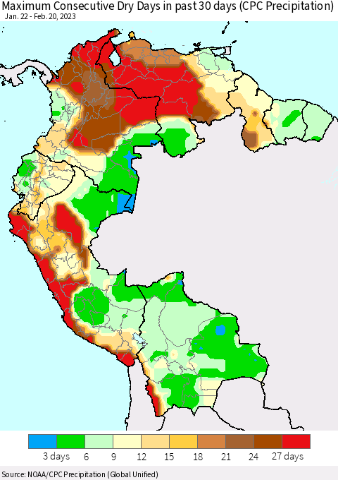 Northern South America Maximum Consecutive Dry Days in past 30 days (CPC Precipitation) Thematic Map For 2/16/2023 - 2/20/2023