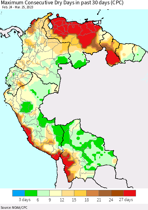 Northern South America Maximum Consecutive Dry Days in past 30 days (CPC) Thematic Map For 3/21/2023 - 3/25/2023
