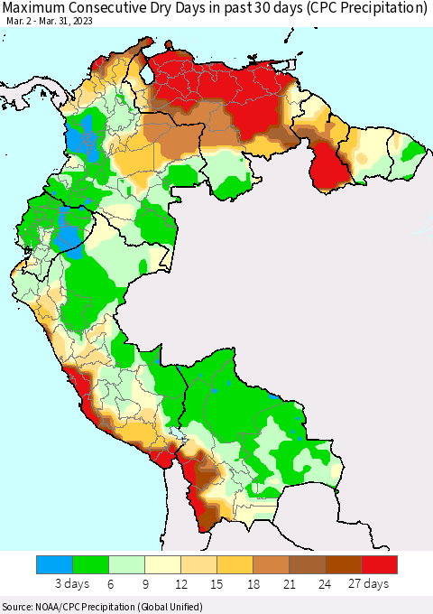 Northern South America Maximum Consecutive Dry Days in past 30 days (CPC Precipitation) Thematic Map For 3/26/2023 - 3/31/2023