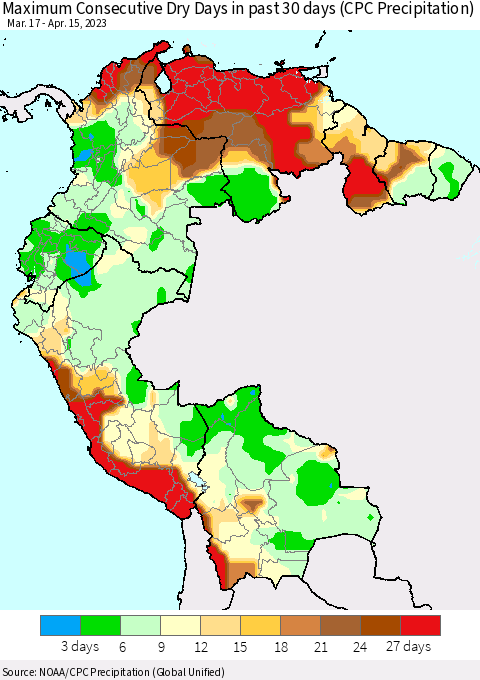 Northern South America Maximum Consecutive Dry Days in past 30 days (CPC Precipitation) Thematic Map For 4/11/2023 - 4/15/2023