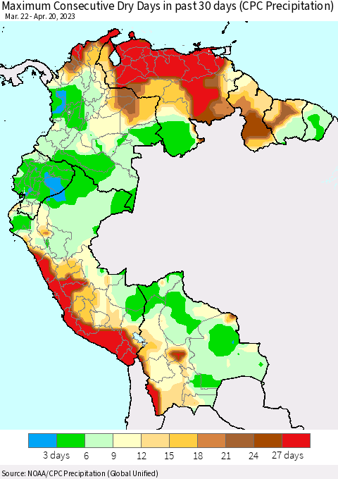 Northern South America Maximum Consecutive Dry Days in past 30 days (CPC Precipitation) Thematic Map For 4/16/2023 - 4/20/2023