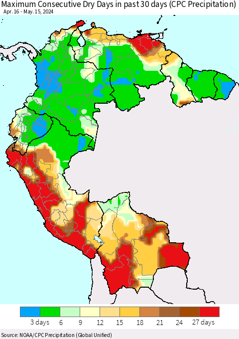 Northern South America Maximum Consecutive Dry Days in past 30 days (CPC Precipitation) Thematic Map For 5/11/2024 - 5/15/2024