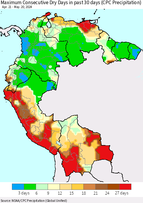 Northern South America Maximum Consecutive Dry Days in past 30 days (CPC Precipitation) Thematic Map For 5/16/2024 - 5/20/2024