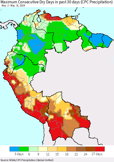 Northern South America Maximum Consecutive Dry Days in past 30 days (CPC Precipitation) Thematic Map For 5/26/2024 - 5/31/2024