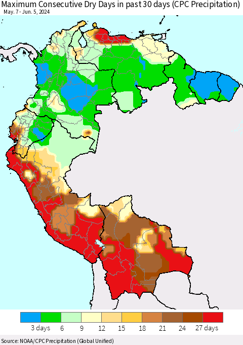 Northern South America Maximum Consecutive Dry Days in past 30 days (CPC Precipitation) Thematic Map For 6/1/2024 - 6/5/2024