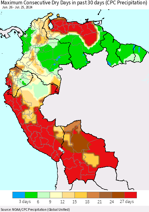 Northern South America Maximum Consecutive Dry Days in past 30 days (CPC Precipitation) Thematic Map For 7/21/2024 - 7/25/2024