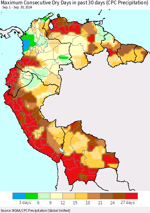 Northern South America Maximum Consecutive Dry Days in past 30 days (CPC Precipitation) Thematic Map For 9/26/2024 - 9/30/2024