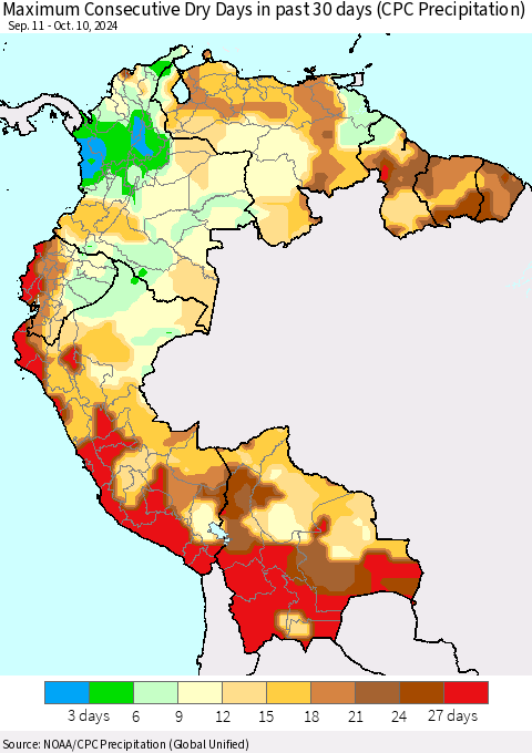 Northern South America Maximum Consecutive Dry Days in past 30 days (CPC Precipitation) Thematic Map For 10/6/2024 - 10/10/2024