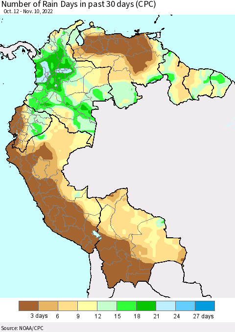 Northern South America Number of Rain Days in past 30 days (CPC) Thematic Map For 11/6/2022 - 11/10/2022