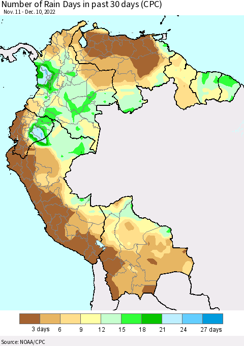Northern South America Number of Rain Days in past 30 days (CPC) Thematic Map For 12/6/2022 - 12/10/2022