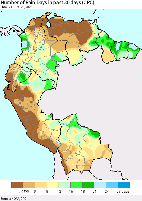 Northern South America Number of Rain Days in past 30 days (CPC) Thematic Map For 12/16/2022 - 12/20/2022