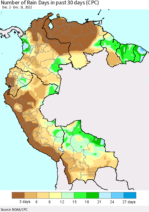 Northern South America Number of Rain Days in past 30 days (CPC) Thematic Map For 12/26/2022 - 12/31/2022