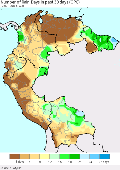 Northern South America Number of Rain Days in past 30 days (CPC) Thematic Map For 1/1/2023 - 1/5/2023