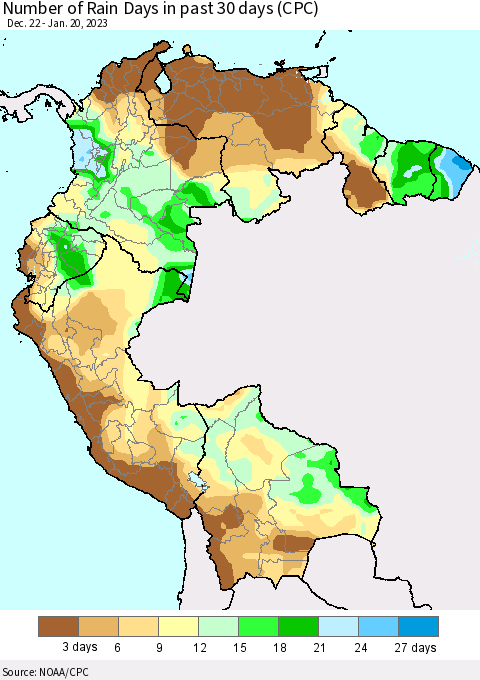 Northern South America Number of Rain Days in past 30 days (CPC) Thematic Map For 1/16/2023 - 1/20/2023