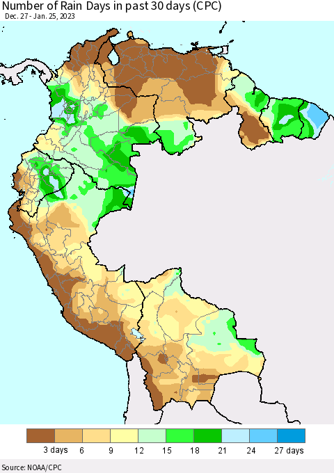 Northern South America Number of Rain Days in past 30 days (CPC) Thematic Map For 1/21/2023 - 1/25/2023