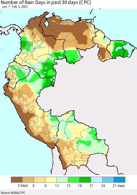 Northern South America Number of Rain Days in past 30 days (CPC) Thematic Map For 2/1/2023 - 2/5/2023