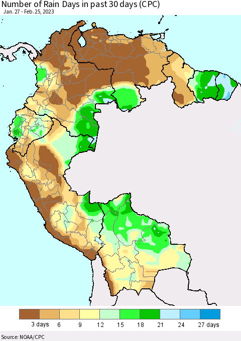 Northern South America Number of Rain Days in past 30 days (CPC) Thematic Map For 2/21/2023 - 2/25/2023