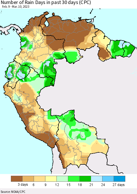 Northern South America Number of Rain Days in past 30 days (CPC) Thematic Map For 3/6/2023 - 3/10/2023