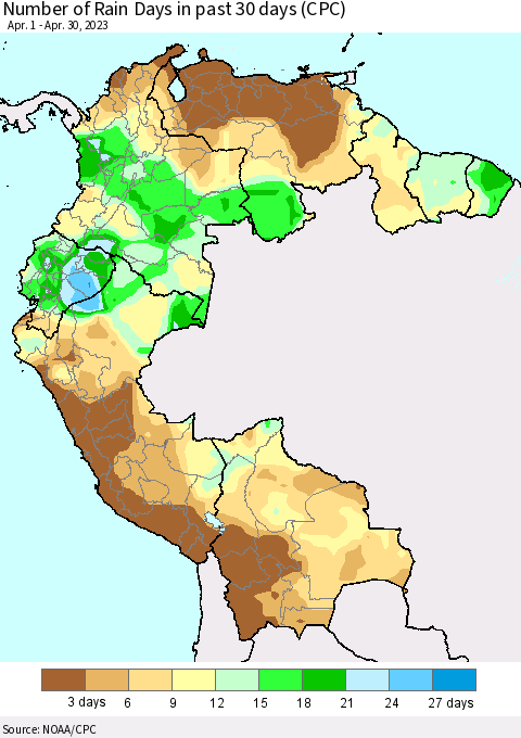 Northern South America Number of Rain Days in past 30 days (CPC) Thematic Map For 4/26/2023 - 4/30/2023