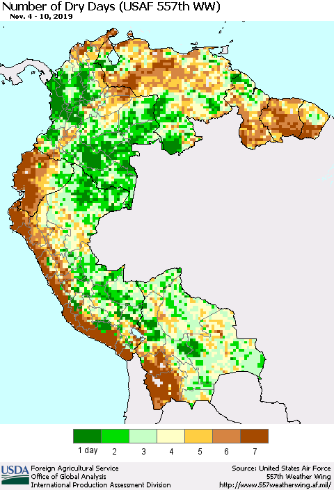 Northern South America Number of Dry Days (USAF 557th WW) Thematic Map For 11/4/2019 - 11/10/2019