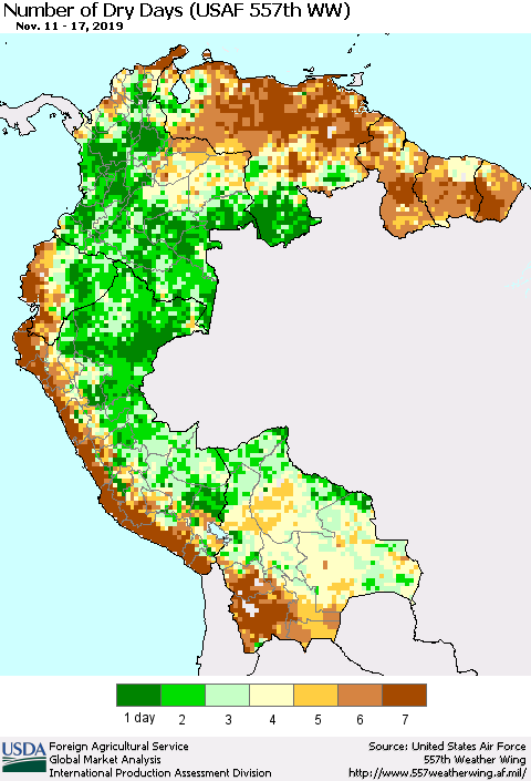 Northern South America Number of Dry Days (USAF 557th WW) Thematic Map For 11/11/2019 - 11/17/2019