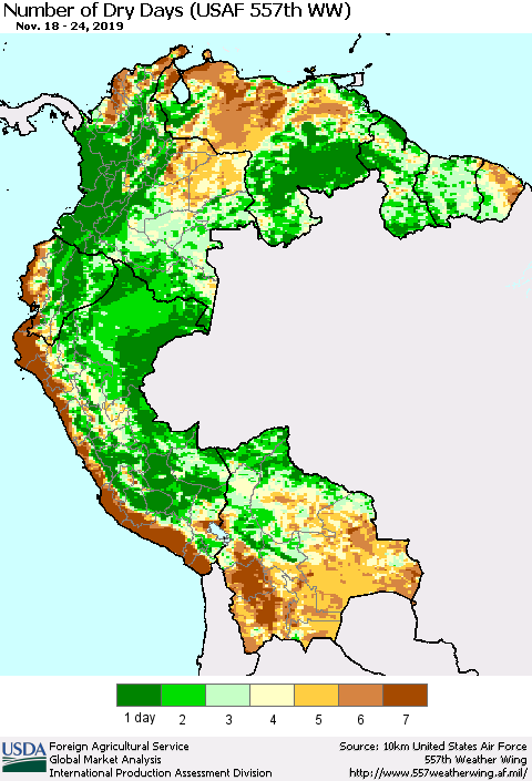 Northern South America Number of Dry Days (USAF 557th WW) Thematic Map For 11/18/2019 - 11/24/2019