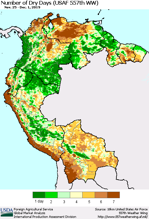 Northern South America Number of Dry Days (USAF 557th WW) Thematic Map For 11/25/2019 - 12/1/2019