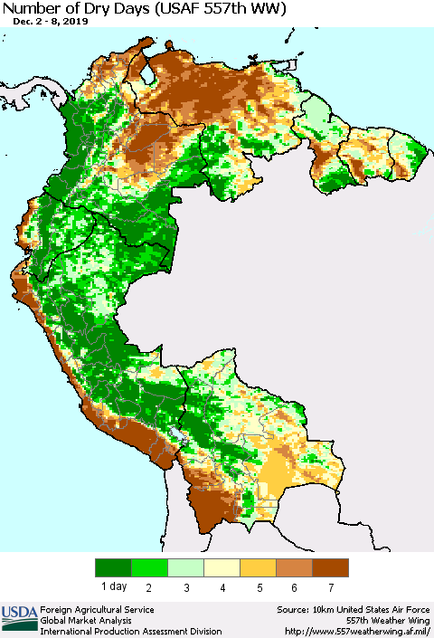 Northern South America Number of Dry Days (USAF 557th WW) Thematic Map For 12/2/2019 - 12/8/2019