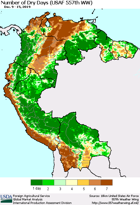 Northern South America Number of Dry Days (USAF 557th WW) Thematic Map For 12/9/2019 - 12/15/2019