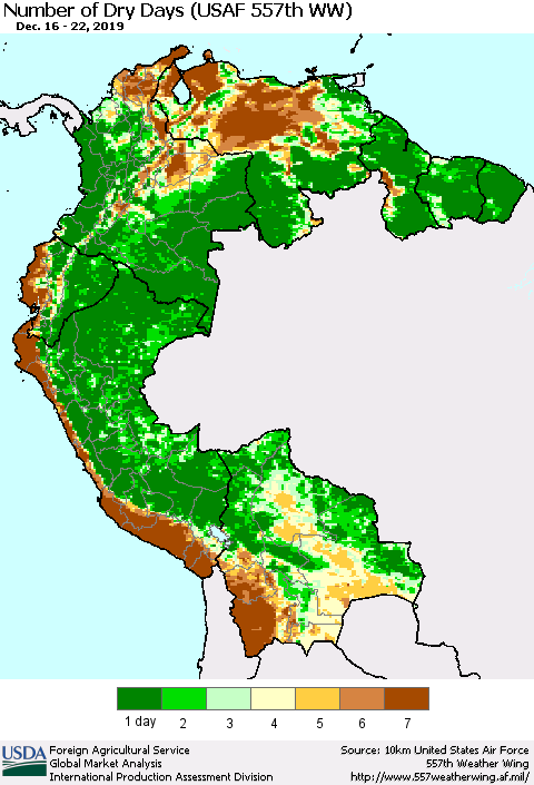 Northern South America Number of Dry Days (USAF 557th WW) Thematic Map For 12/16/2019 - 12/22/2019